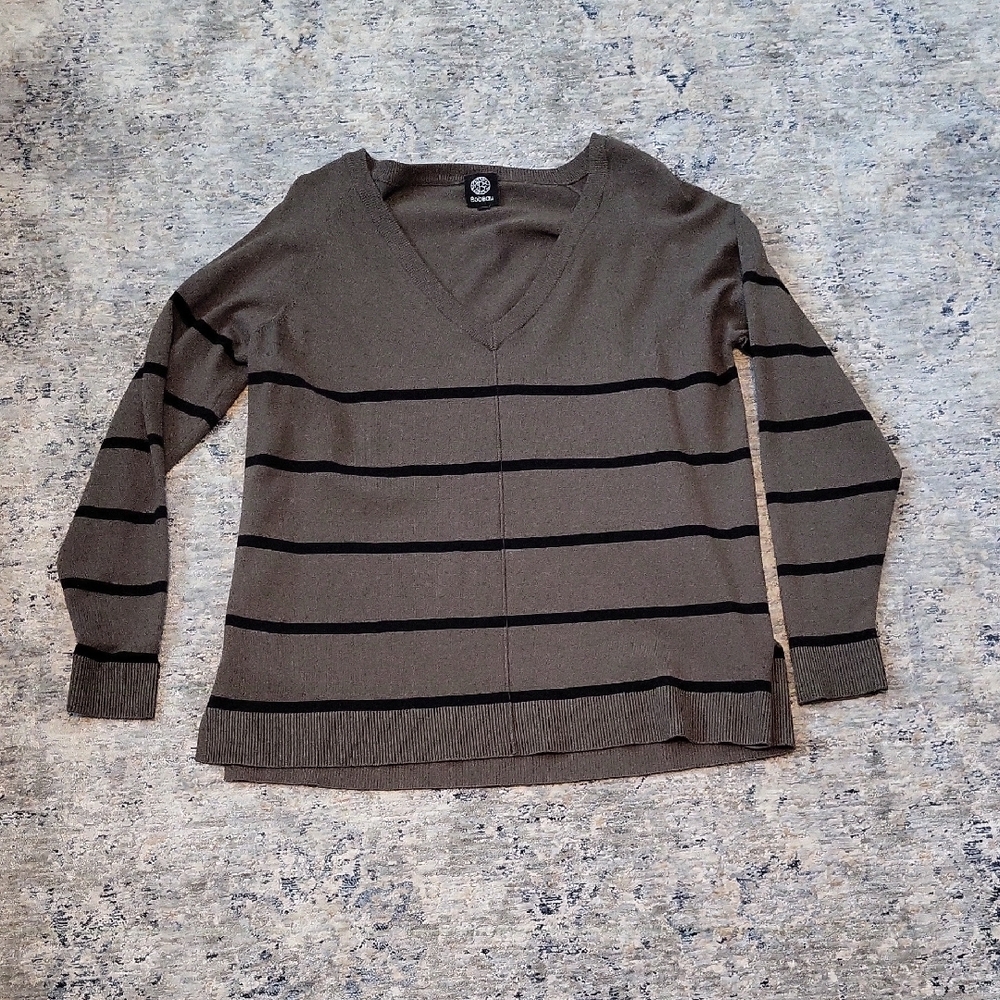Bobeau Olive Green and Black Striped Long Sleeve Top